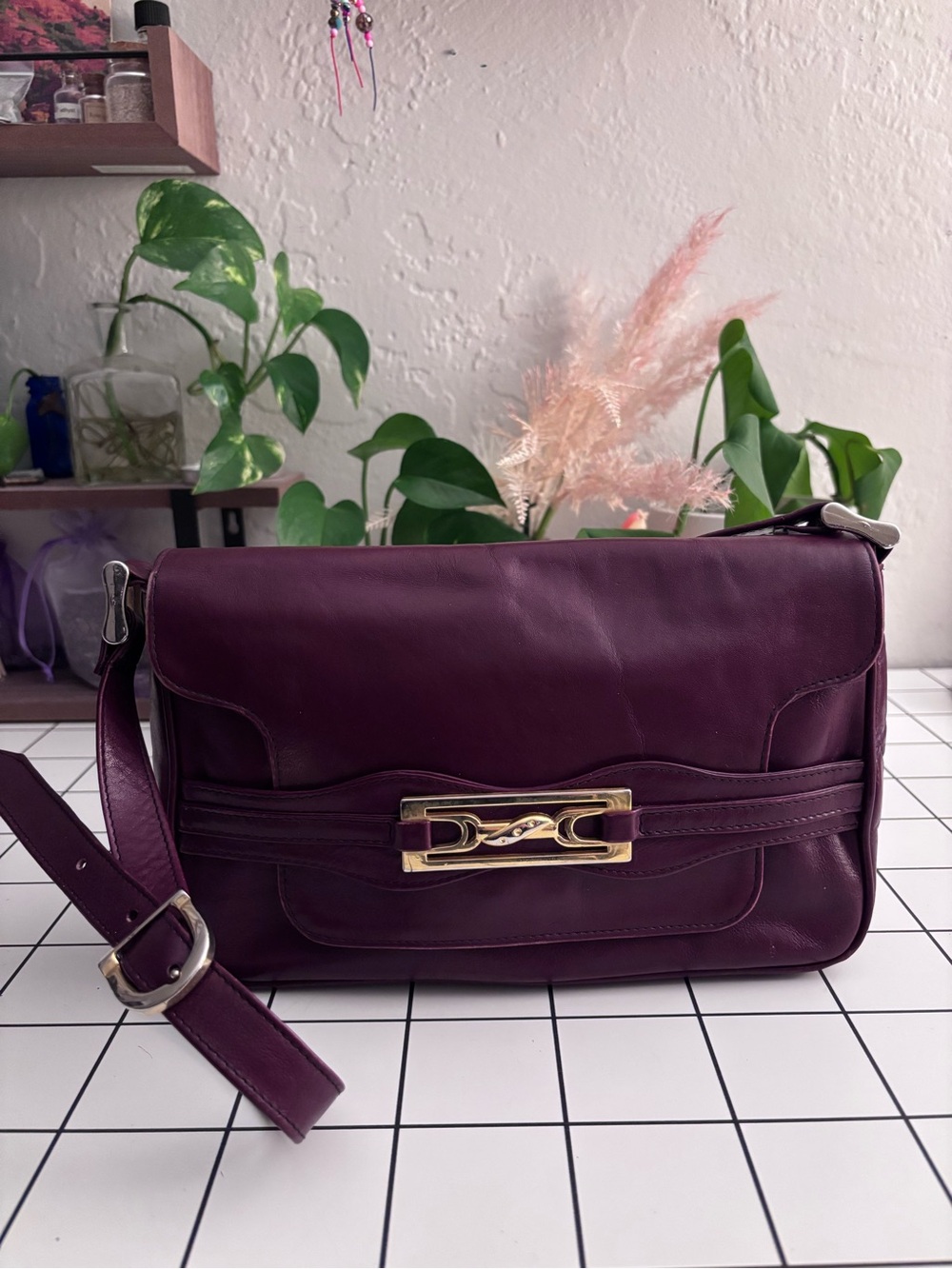 Vintage Saks Fifth Avenue Plum Leather Bag with Gold Hardware